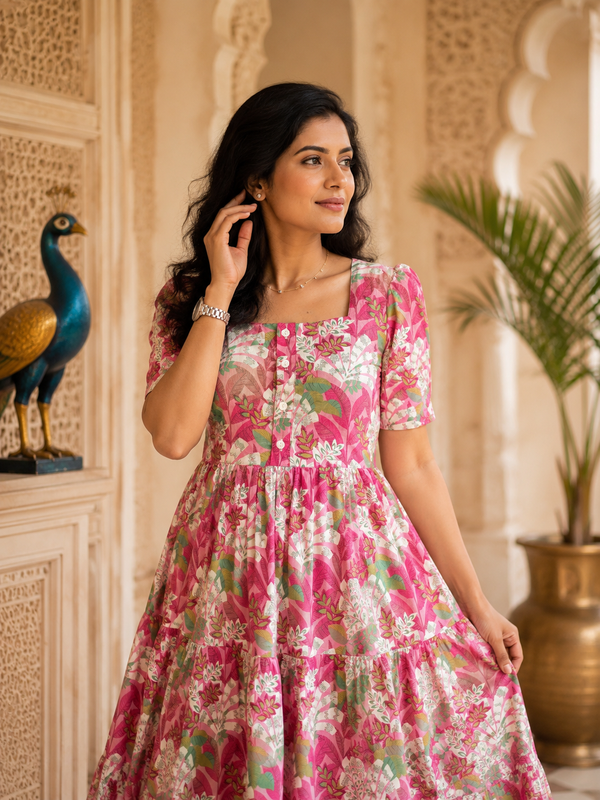 Pink Floral Printed Cotton Maxi Dress for Women