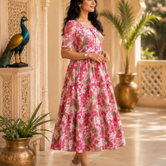 Pink Floral Printed Cotton Maxi Dress for Women