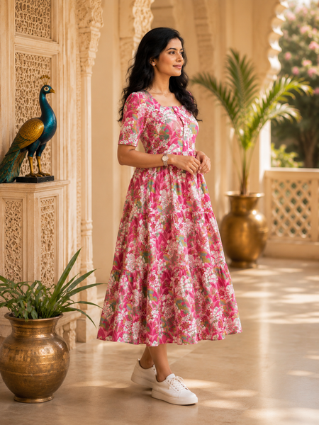 Pink Floral Printed Cotton Maxi Dress for Women