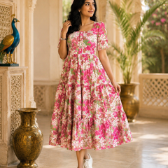 Pink Floral Printed Cotton Maxi Dress for Women