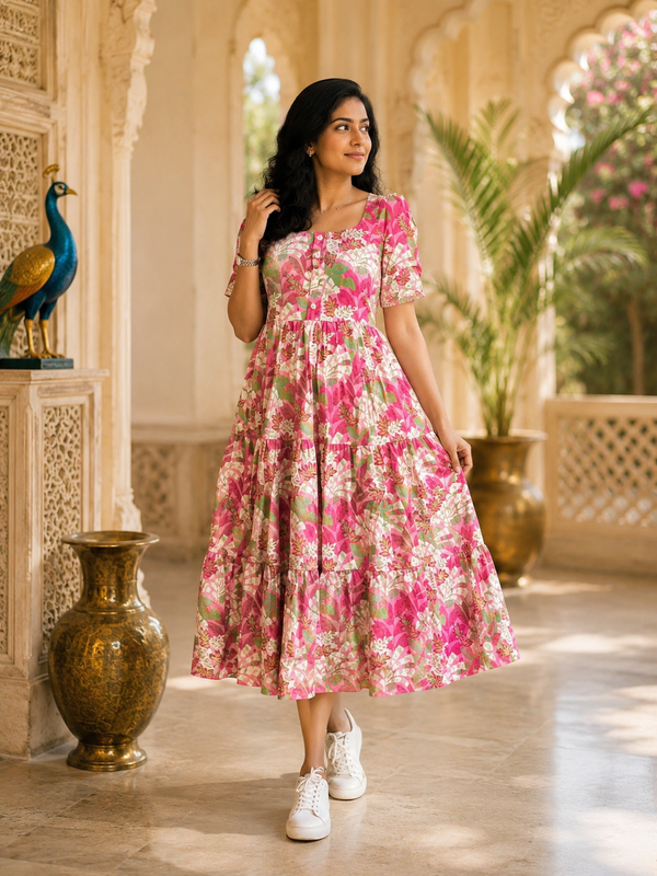 Pink Floral Printed Cotton Maxi Dress for Women