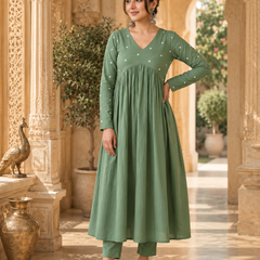 Green A-Line Rayon Kurti for Women