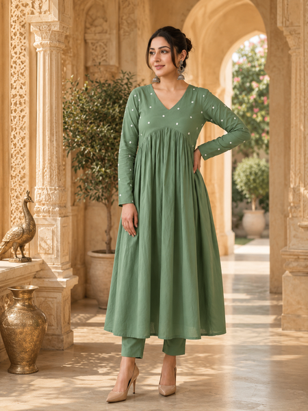 Green A-Line Rayon Kurti for Women