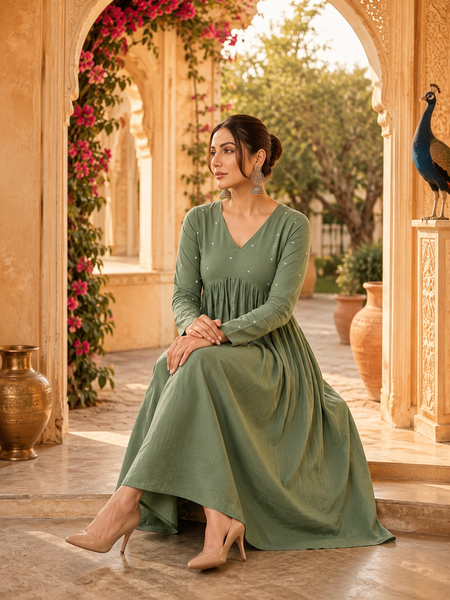 Green A-Line Rayon Kurti for Women