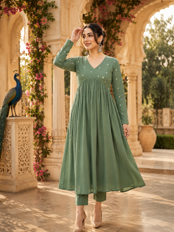 Green A-Line Rayon Kurti for Women