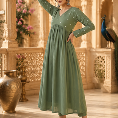 Green A-Line Rayon Kurti for Women