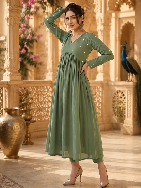 Green A-Line Rayon Kurti for Women