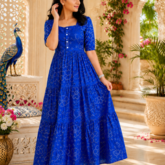 Blue Bandhani Print Cotton Maxi Dress for Women