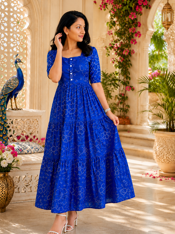 Blue Bandhani Print Cotton Maxi Dress for Women