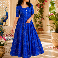 Blue Bandhani Print Cotton Maxi Dress for Women