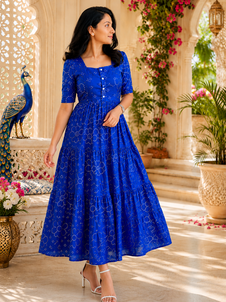 Blue Bandhani Print Cotton Maxi Dress for Women