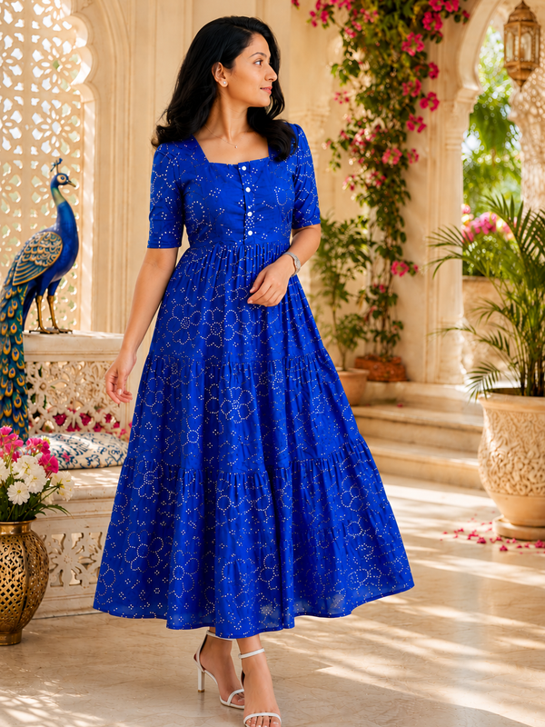 Blue Bandhani Print Cotton Maxi Dress for Women