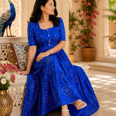 Blue Bandhani Print Cotton Maxi Dress for Women