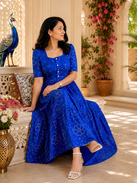 Blue Bandhani Print Cotton Maxi Dress for Women