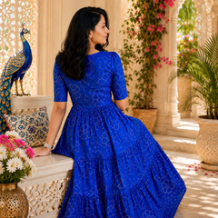 Blue Bandhani Print Cotton Maxi Dress for Women