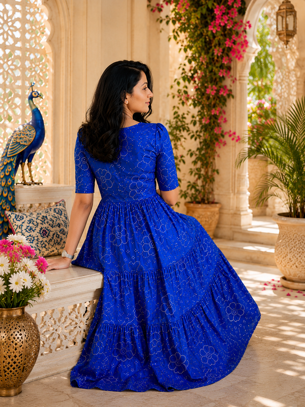 Blue Bandhani Print Cotton Maxi Dress for Women
