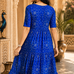 Blue Bandhani Print Cotton Maxi Dress for Women