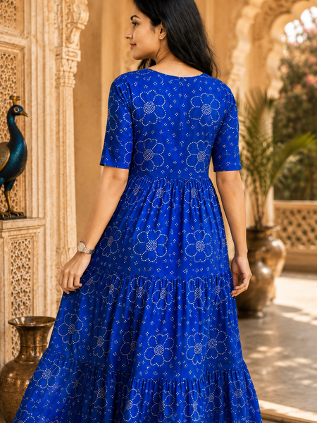 Blue Bandhani Print Cotton Maxi Dress for Women