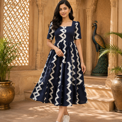 Dark Blue Printed Rayon Fit & Flare Dress