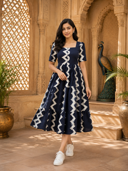 Dark Blue Printed Rayon Fit & Flare Dress