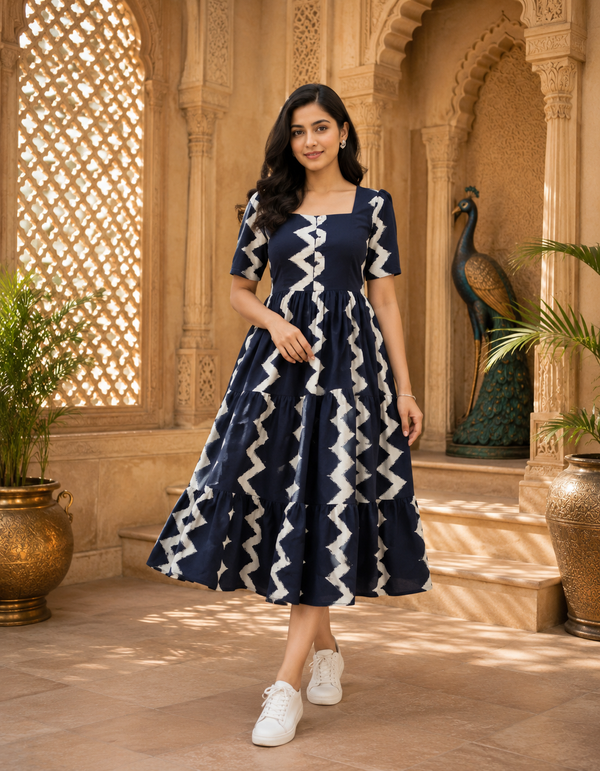Dark Blue Printed Rayon Fit & Flare Dress