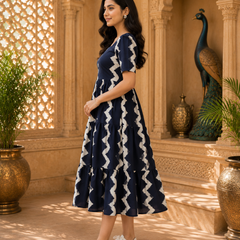 Dark Blue Printed Rayon Fit & Flare Dress