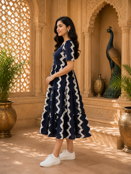 Dark Blue Printed Rayon Fit & Flare Dress