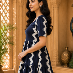 Dark Blue Printed Rayon Fit & Flare Dress