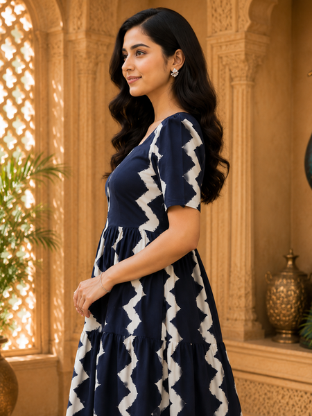 Dark Blue Printed Rayon Fit & Flare Dress
