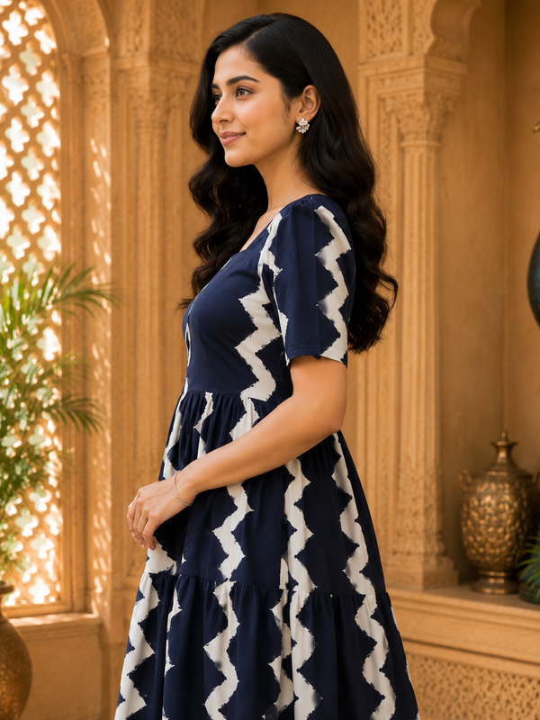 Dark Blue Printed Rayon Fit & Flare Dress