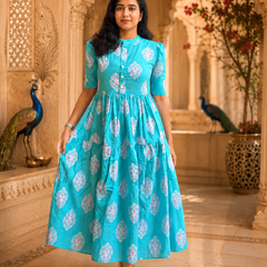 Blue Printed Cotton Midi Dress for Women