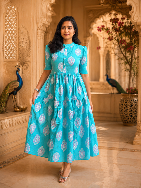 Blue Printed Cotton Midi Dress for Women