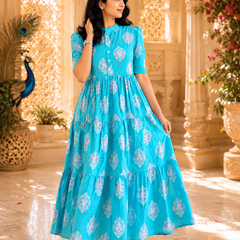 Blue Printed Cotton Midi Dress for Women