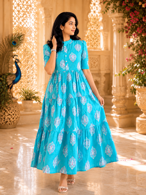 Blue Printed Cotton Midi Dress for Women