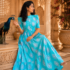 Blue Printed Cotton Midi Dress for Women