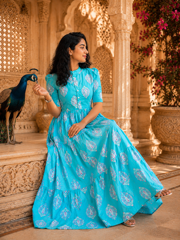 Blue Printed Cotton Midi Dress for Women