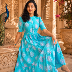 Blue Printed Cotton Midi Dress for Women