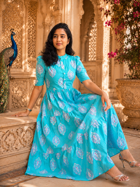 Blue Printed Cotton Midi Dress for Women