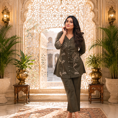 Green Embroidered Rayon Co-ord Set for Women