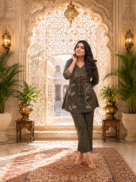 Green Embroidered Rayon Co-ord Set for Women