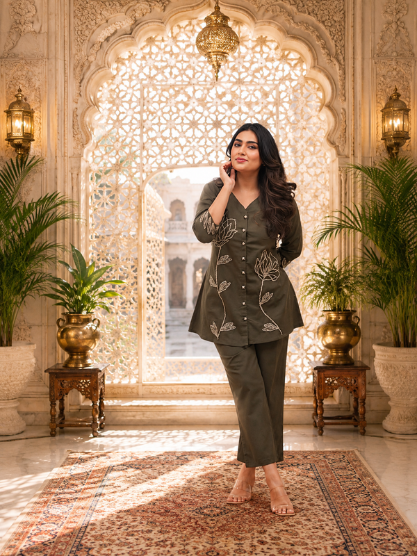 Green Embroidered Rayon Co-ord Set for Women