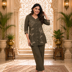 Green Embroidered Rayon Co-ord Set for Women