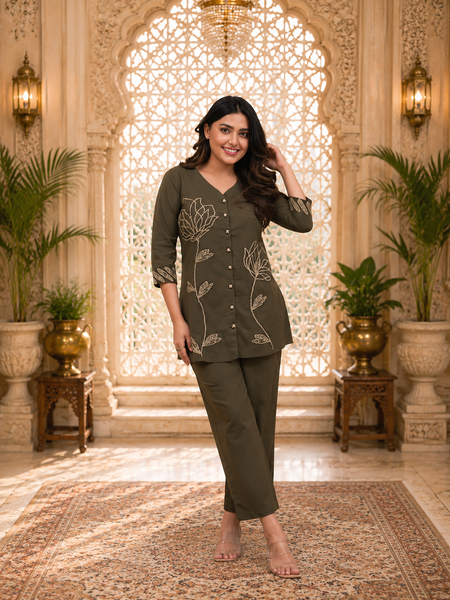 Green Embroidered Rayon Co-ord Set for Women