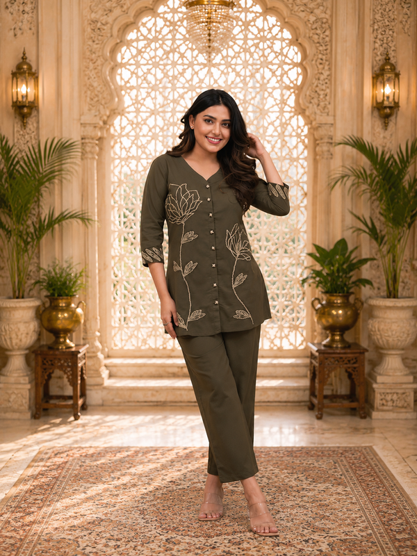 Green Embroidered Rayon Co-ord Set for Women