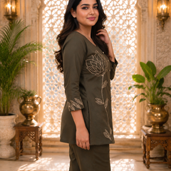 Green Embroidered Rayon Co-ord Set for Women
