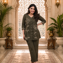 Green Embroidered Rayon Co-ord Set for Women