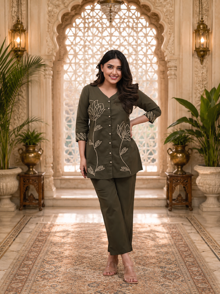 Green Embroidered Rayon Co-ord Set for Women