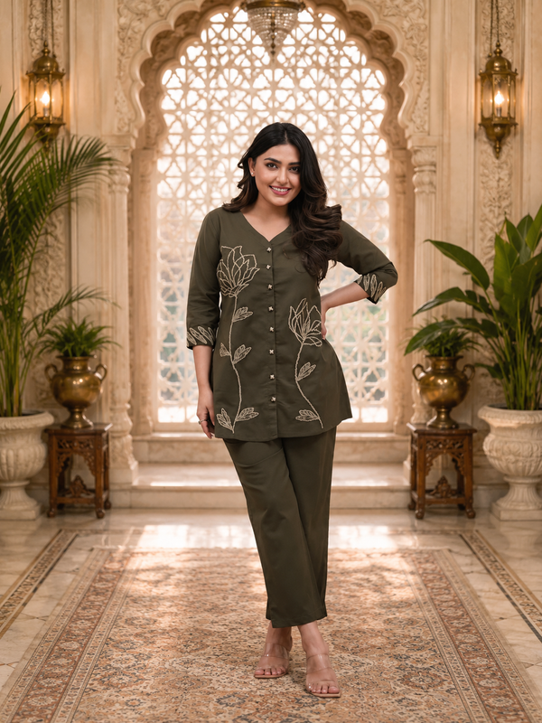 Green Embroidered Rayon Co-ord Set for Women
