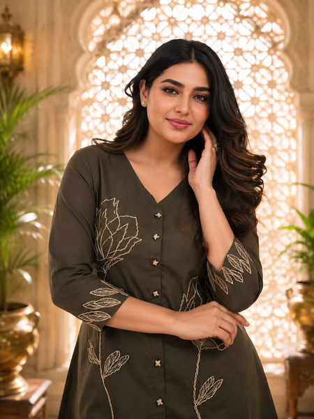 Green Embroidered Rayon Co-ord Set for Women