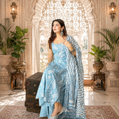 Blue Printed Cotton Rayon Suit Set for Women
